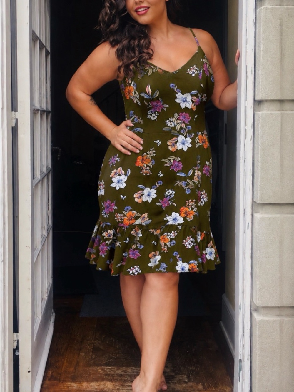 Olive Floral Spaghetti-Strap Midi Dress